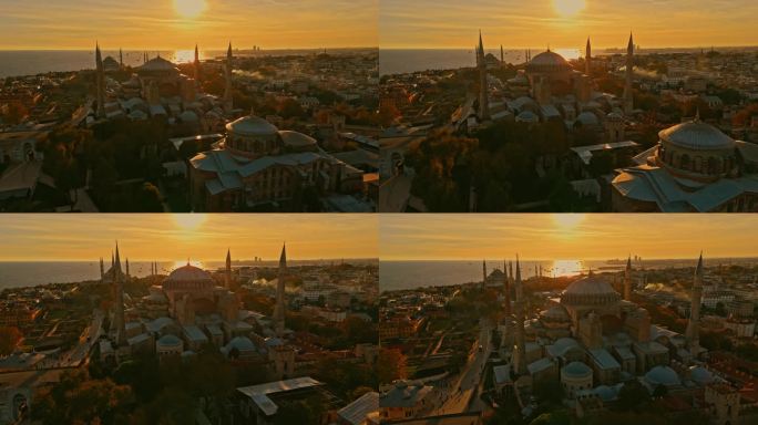 空中黄金时间宁静法提赫:蓝色清真寺和圣索菲亚大教堂的空中远景#无人机法提赫上空#伊斯坦布尔日落#历史