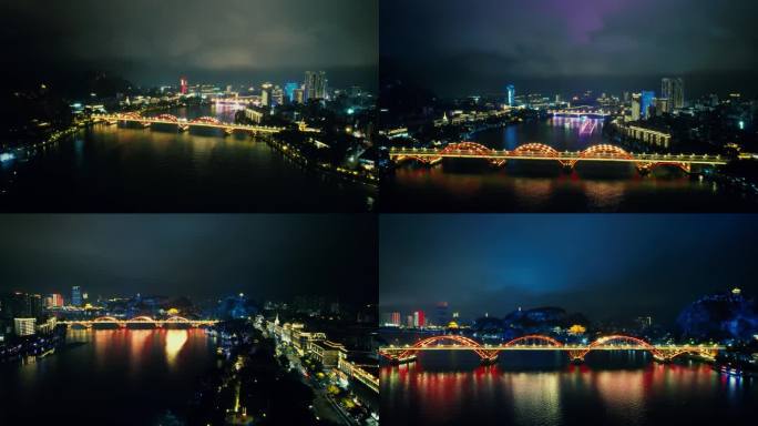 广西柳州柳江桥梁交通夜景灯光航拍