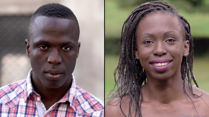 一个分屏画面捕捉到了一个严肃的年轻黑人男子和一个微笑的年轻黑人女子之间的鲜明对比，突出了从悲伤到快乐