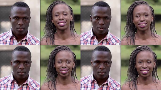 一个分屏画面捕捉到了一个严肃的年轻黑人男子和一个微笑的年轻黑人女子之间的鲜明对比，突出了从悲伤到快乐