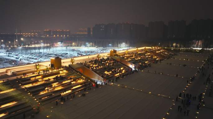航拍郑州只有河南戏剧幻城冬夜雪景