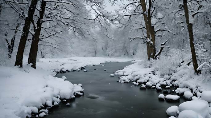 森林雪景下雪天冬季河流树林雾凇唯美下雪天