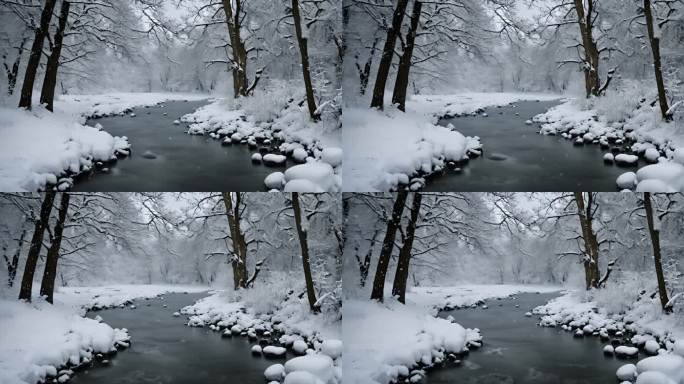 森林雪景下雪天冬季河流树林雾凇唯美下雪天