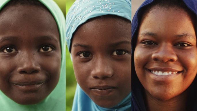 分屏拼贴:害羞的非洲女孩对着镜头微笑的垂直特写肖像。黑人女性儿童和青少年代表着美好未来的希望。慢动作