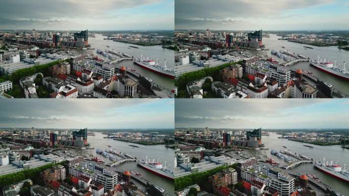 德国汉堡，欧洲，旅游和旅游目的地，正午时分，易北爱乐音乐厅和Hafencity的4K鸟瞰图实时画面。