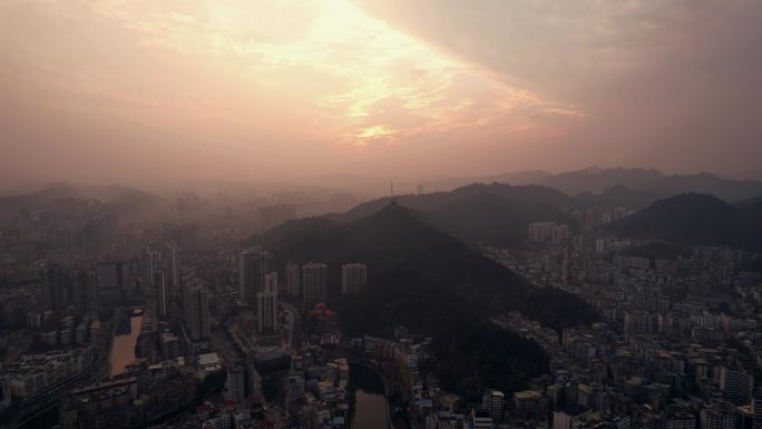 贵州遵义城市日落晚霞夕阳航拍