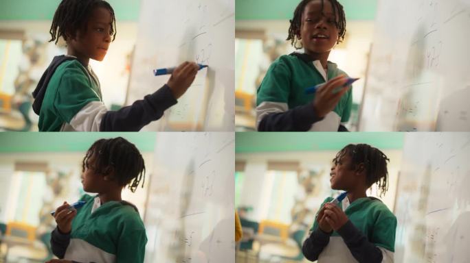 一个英俊的非洲男孩在小学课堂上的白板上找到数学问题的答案。小学生专注于数字，写下正确答案