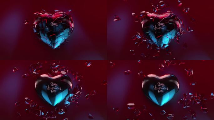 爱情的心碎成许多玻璃碎片，附上文字情人节快乐。动画3D闪耀爱心。2型