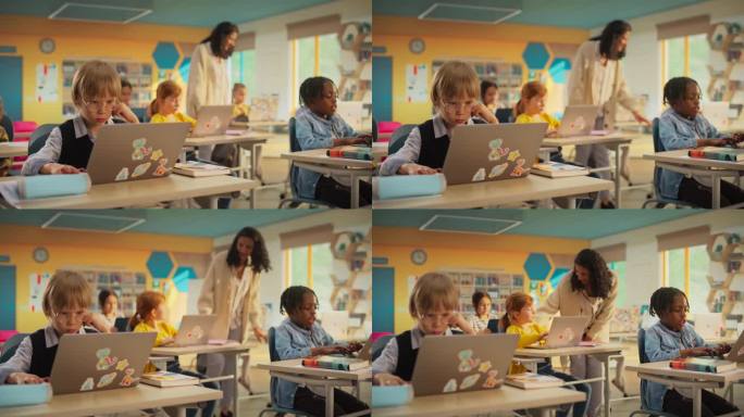 多民族儿童在小学学习STEM和信息技术学科时使用笔记本电脑的班级。快乐的女老师教育聪明的男孩和女孩