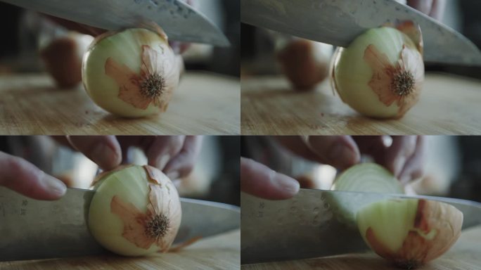 男人切洋葱做汤展示切菜菜刀