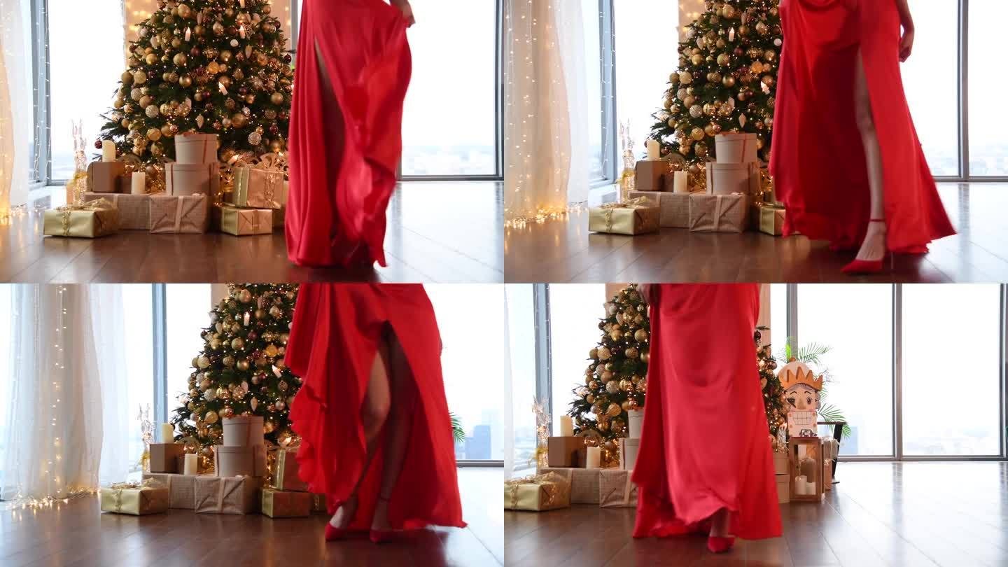 圣诞节穿红裙子跳舞的女人