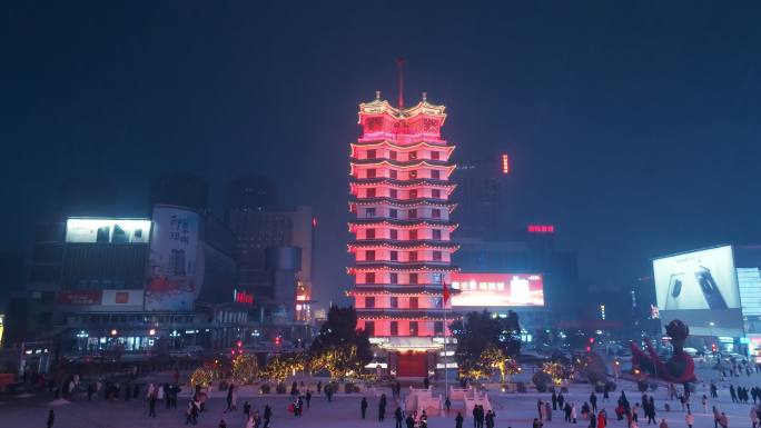航拍郑州二七广场二七塔夜景雪景