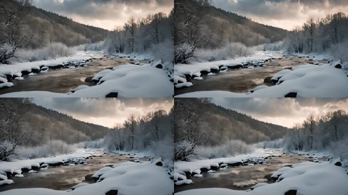 森林雪景下雪天冬季河流树林雾凇唯美下雪天