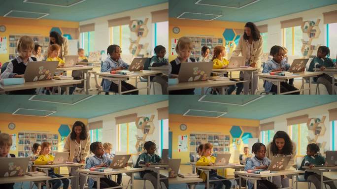 一群聪明的小学生在课堂上使用笔记本电脑和平板电脑。年轻女教师教孩子们网络安全、基本编程语言和代码公式
