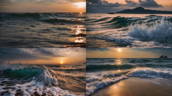 夕阳下的巨浪 夕阳下的大海