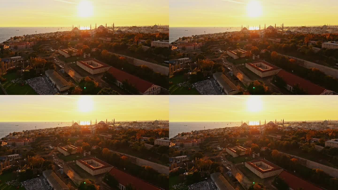 法提赫上空的空中日落宁静:蓝色清真寺和圣索菲亚大教堂的空中远景#无人机法提赫上空#伊斯坦布尔日落#历
