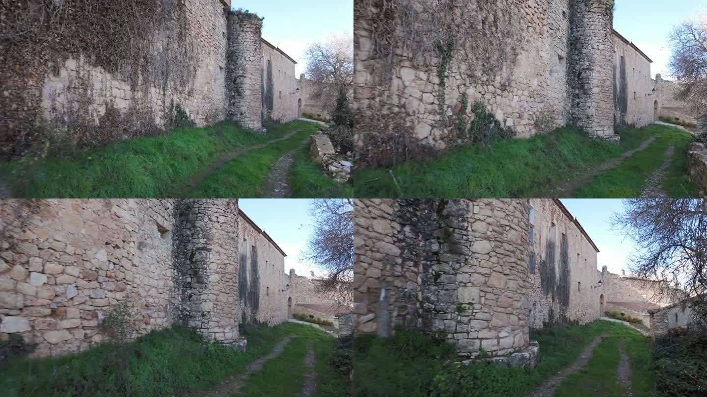 西吉恩扎帕拉苏埃洛斯村的一堵挂着藤蔓的中世纪城墙