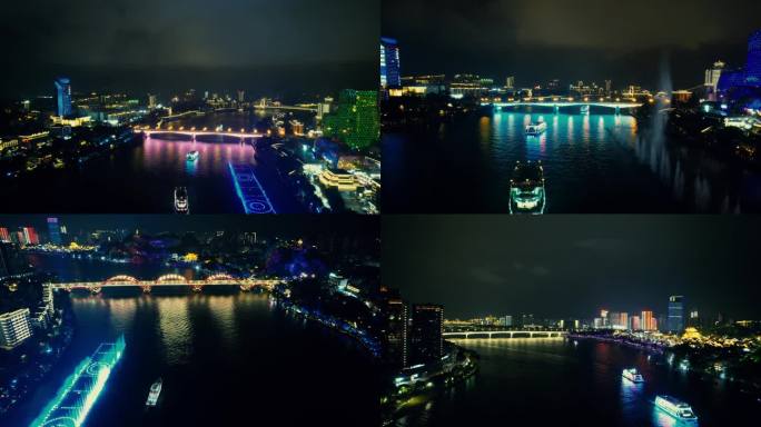 广西柳州柳江游船夜景航拍