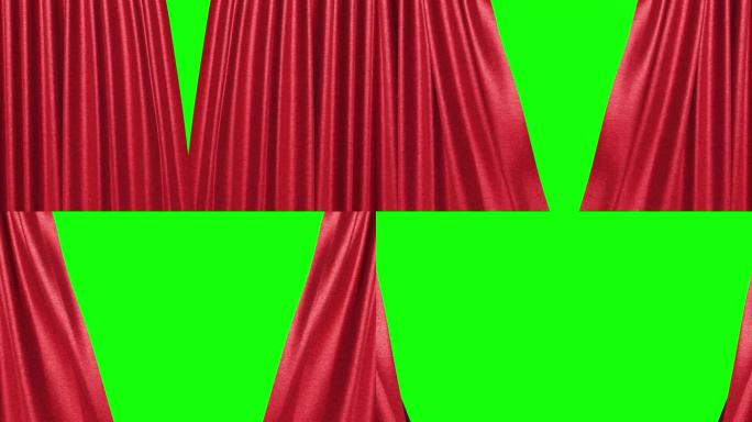 红丝绒舞台丝绸幕布在绿幕上打开。戏剧、歌剧、演出、舞台幕布。幕布是红色的慢镜头。真正的