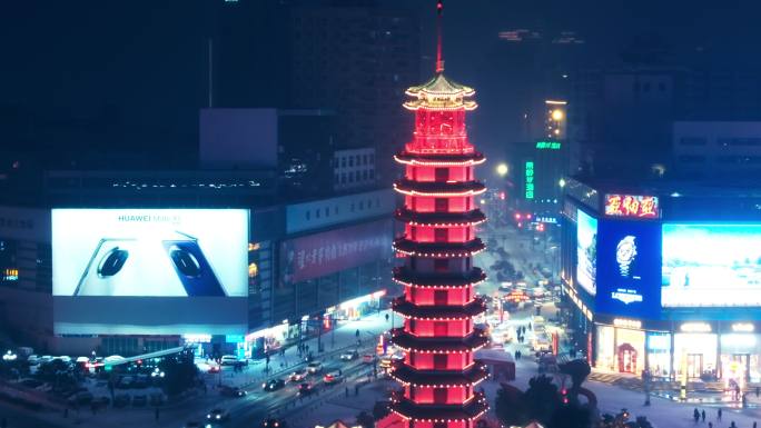 航拍郑州二七广场二七塔夜景雪景