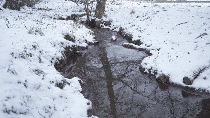 小溪流过白色的雪景-静态中景