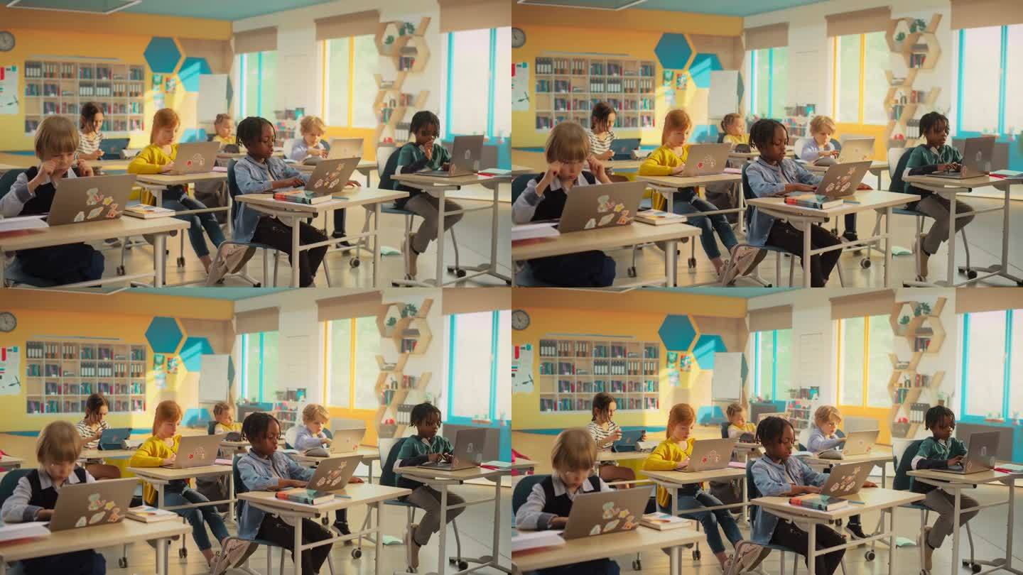 建立镜头:多民族儿童在小学课堂上使用笔记本电脑的课堂。聪明的男孩和女孩接受现代教育和技术实践