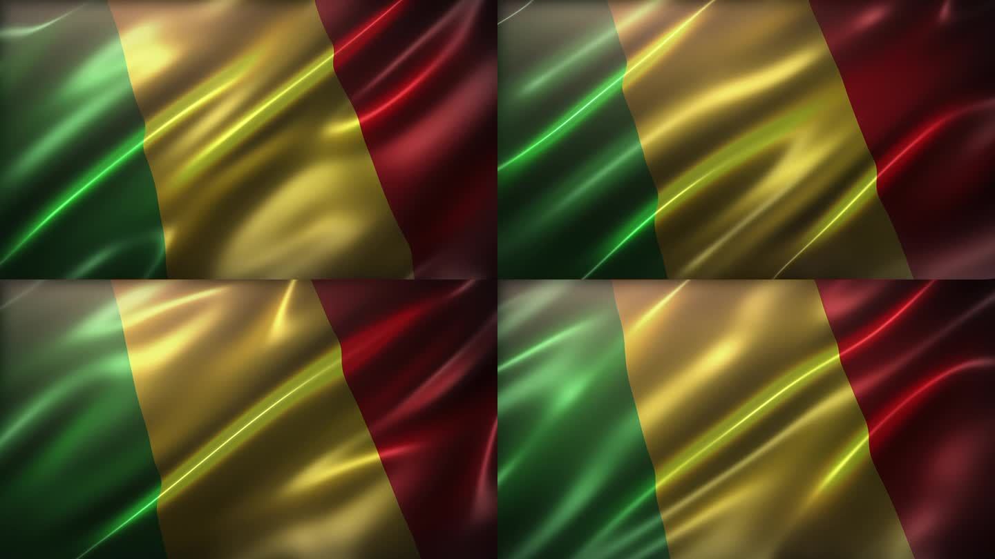 马里共和国国旗，高角度，透视视角，电影般的观感，逼真的CG动画，无缝循环，有光泽，慢动作摇摆，优雅柔