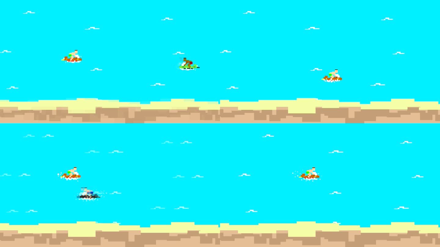 动画的一个老水上摩托游戏在8位像素美术风格，水，水上运动。