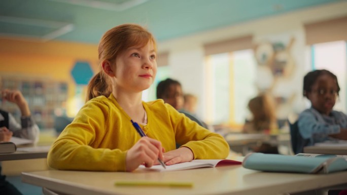 聪明的红发小女孩，穿着鲜艳的衣服，坐在小学的桌子后面。年轻细心的女性在笔记本上写笔记，举手为练习提供