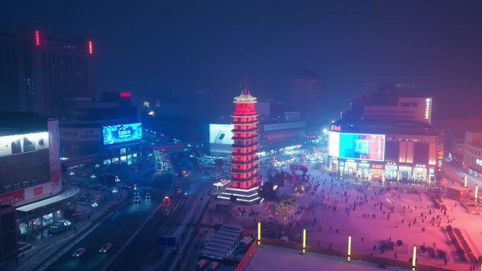 航拍郑州二七广场二七塔夜景雪景