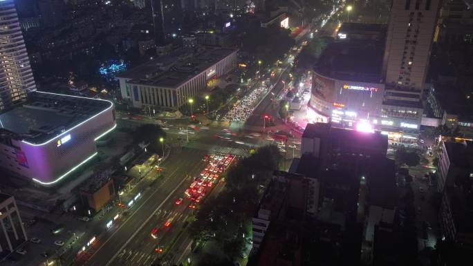 城市CBD十字路口车流航拍夜景延时摄影