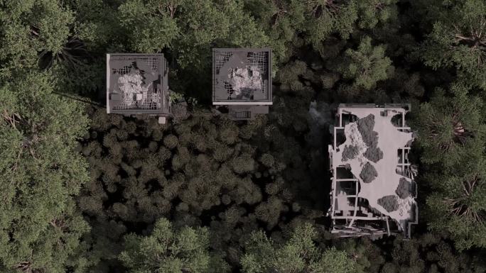 写实风格C4D荒废大楼森林俯瞰镜头
