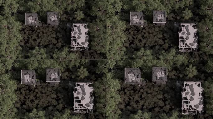 写实风格C4D荒废大楼森林俯瞰镜头