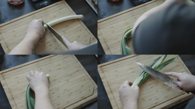 一名日本男子为自家做的汤切韭菜