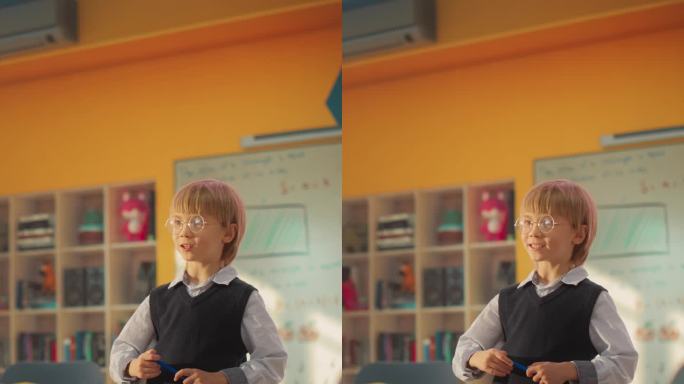 竖屏:小学数学课:一个戴着眼镜的可爱男孩在满教室的同学和快乐的年轻老师面前展示他的乘法表知识