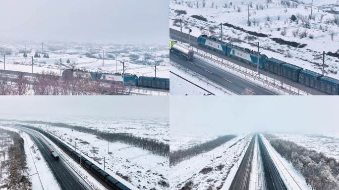 包兰铁路列车行驶在雪后沙漠