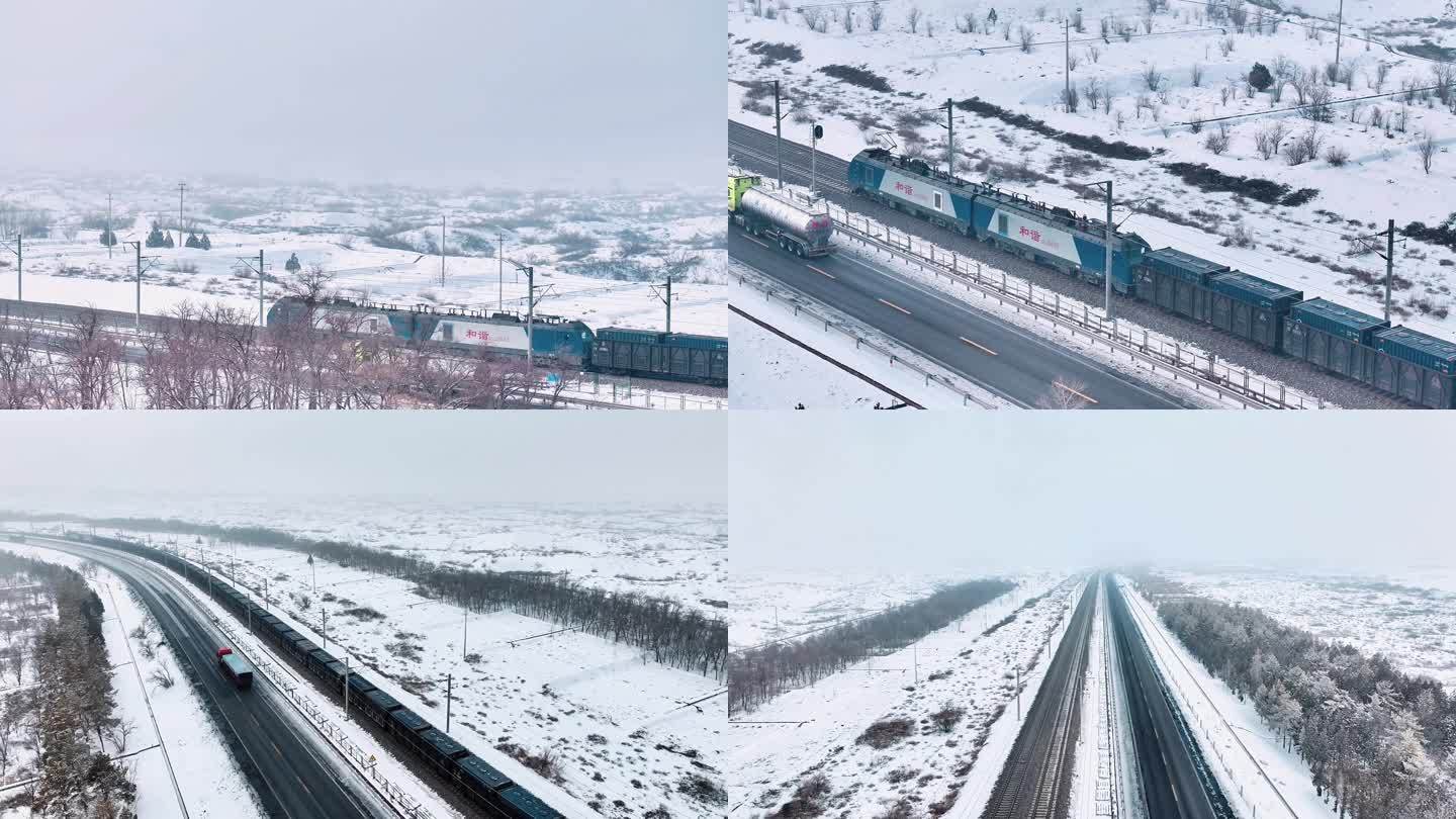 包兰铁路列车行驶在雪后沙漠