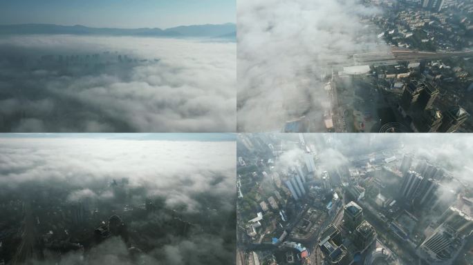 航拍湖南怀化城市清晨迷雾