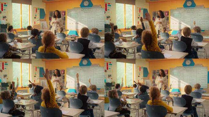 兴奋的小学老师问不同班级的孩子一个数学问题。聪明的孩子坐在桌子后面会举手，并渴望提供解决方案