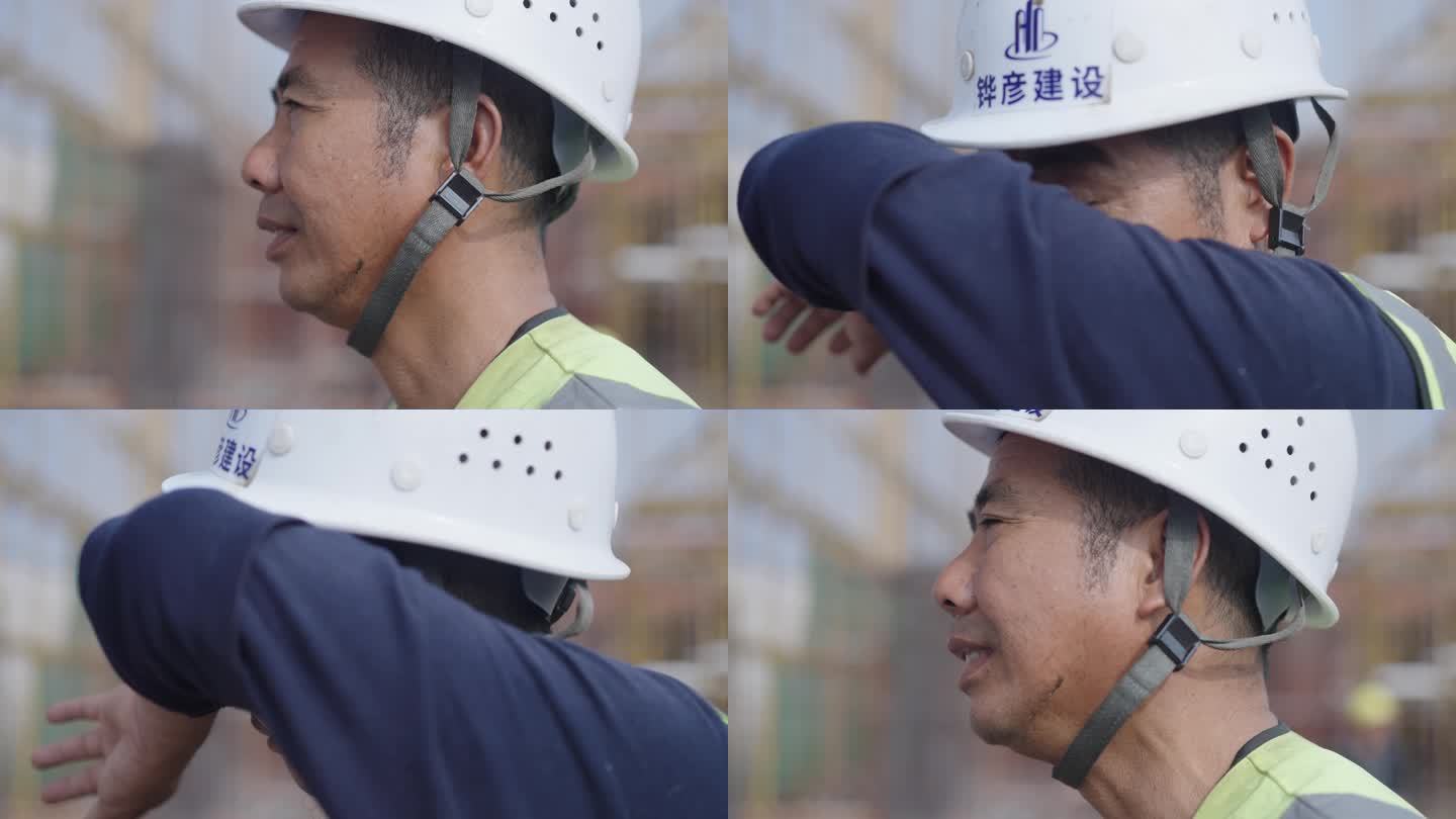 实拍建筑工地上工人擦汗