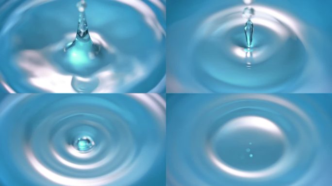 以1000帧/秒的速度拍摄水滴落入静止水面的超慢动作细节镜头。