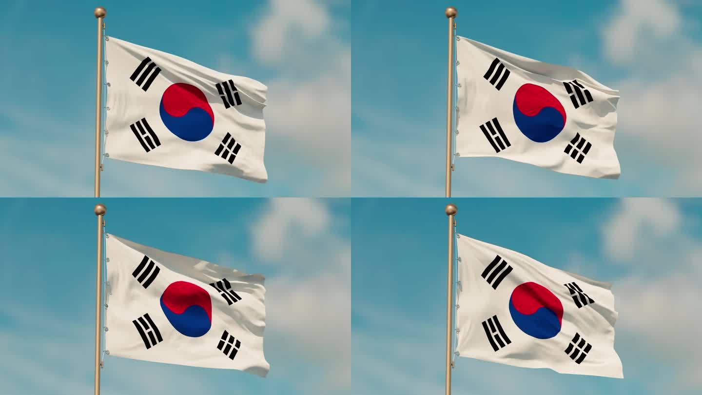 韩国国旗，环形无缝。织物纹理，逼真的风，底部视图。特写镜头。