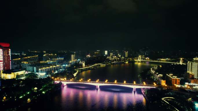 广西柳州柳江桥梁夜景航拍