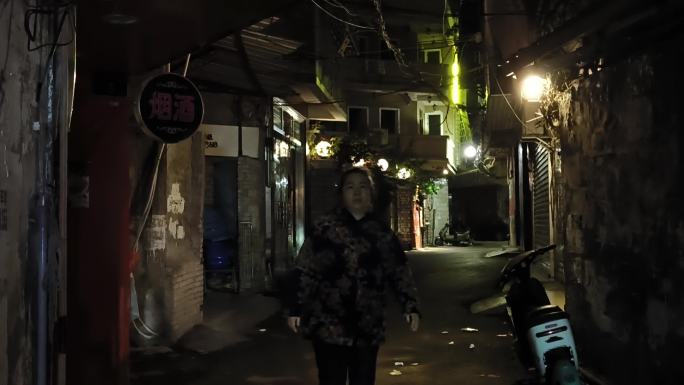 胡同夜景黑夜 夜晚路灯下小巷胡同深夜街道