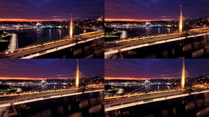 金色角大桥上的空中地铁列车被城市灯光照亮# metrobridge魔术#夜景#Illuminated