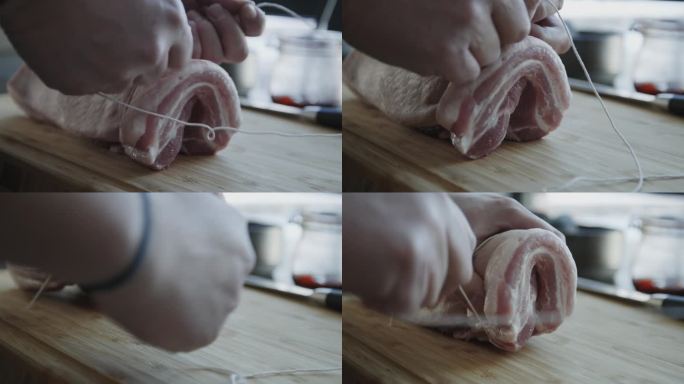 厨师用肉线把五花肉捆起来