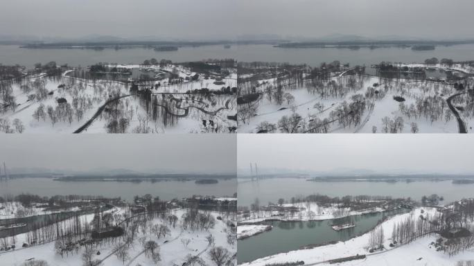 航拍襄阳汉江月亮湾湿地公园冬天雪景风光