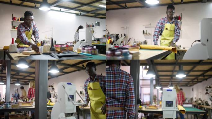 多种族的男女裁缝，在皮具厂工作