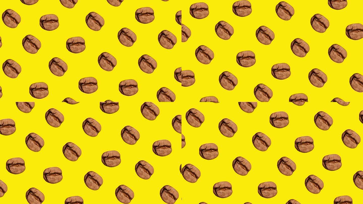 新鲜烘焙的咖啡豆被隔离在黄色背景上。咖啡的样式。定格运动，动画。当代艺术。海报。喝