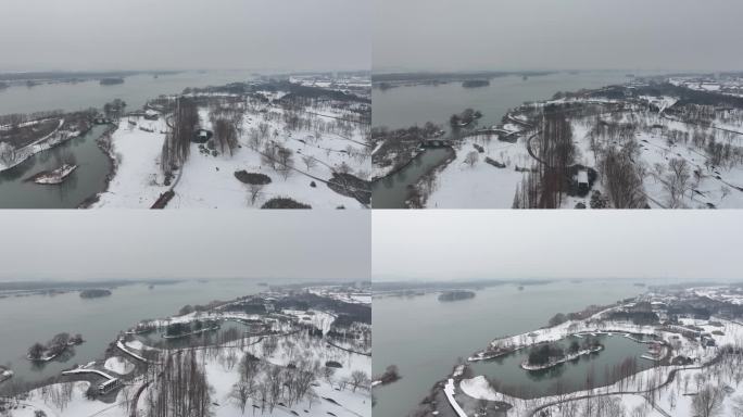 航拍襄阳汉江月亮湾湿地公园冬天雪景风光